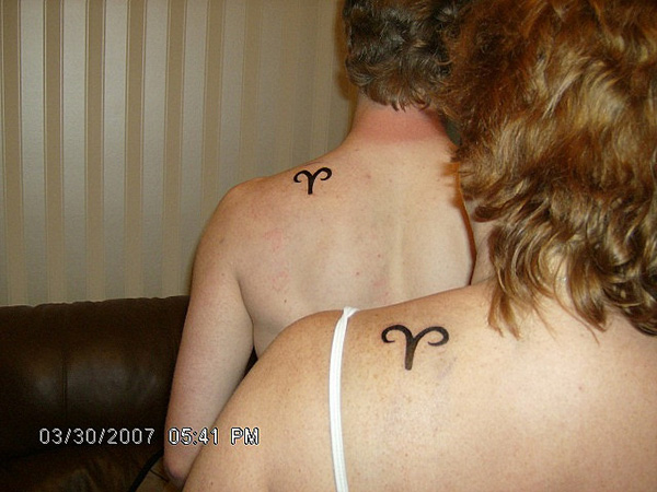 Black Aries Symbol Tattoo On Couple Left Back Shoulder