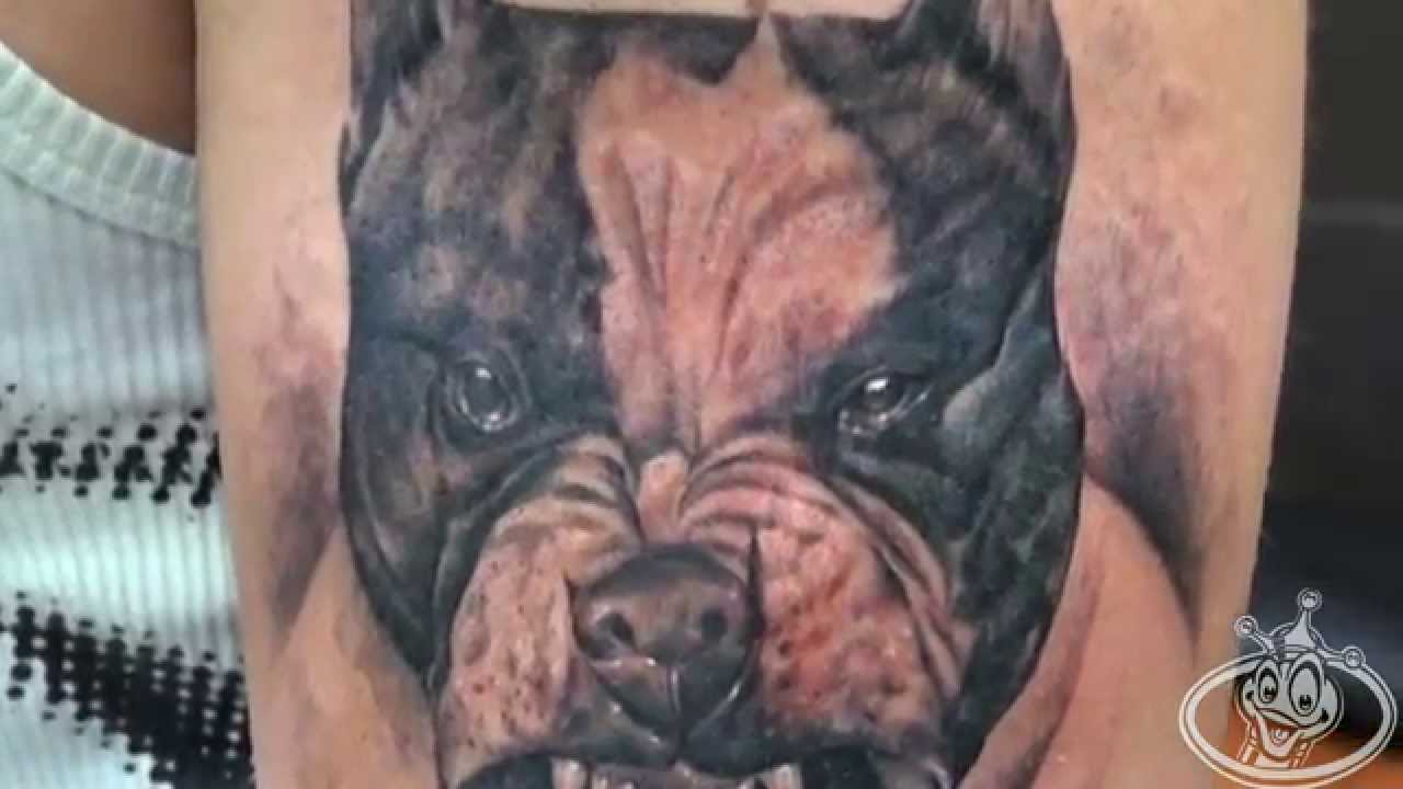Black Ink Angry Pit Bull Dog Head Tattoo On Half Sleeve