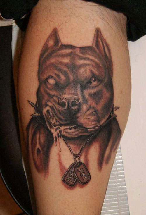 Black Ink Angry Pit Bull Dog Head Tattoo On Leg Calf