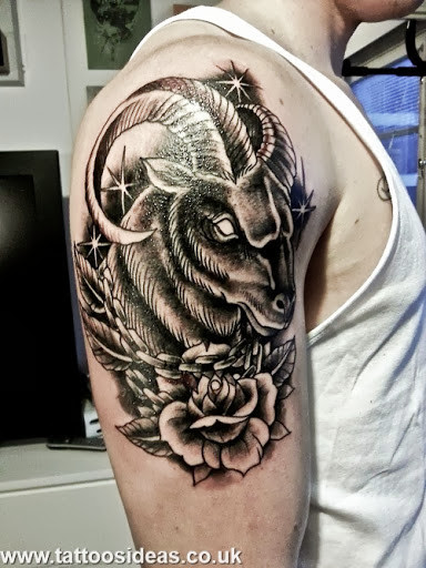 Black Ink Aries Head With Rose Tattoo On Right Half Sleeve