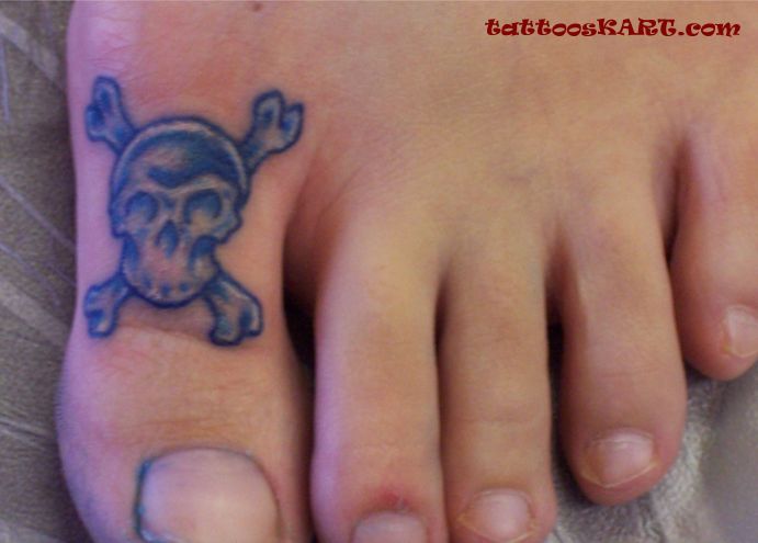 Black Ink Danger Skull Tattoo On Toe