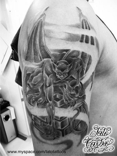 Black Ink Gargoyle Tattoo On Right Half Sleeve