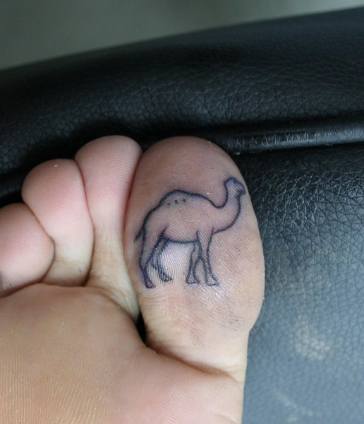 Black Outline Camel Tattoo On Under Toe