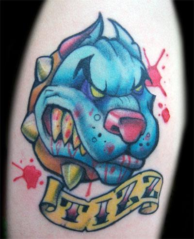 Blue Ink Pit Bull Dog Head With Banner Tattoo Design