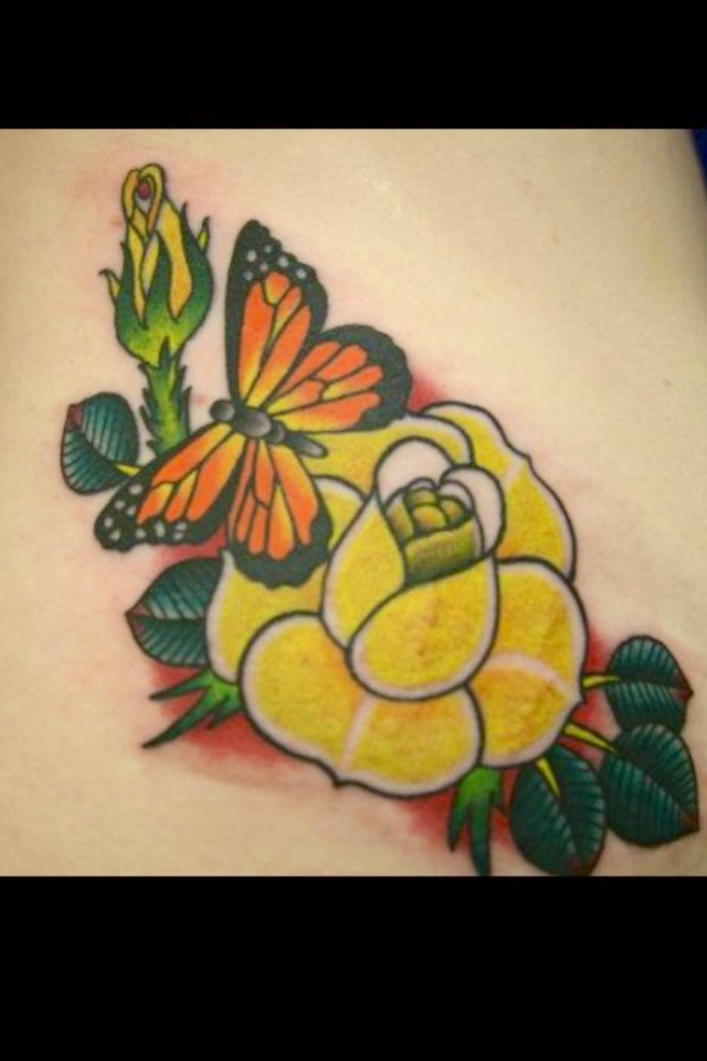 Butterfly With Yellow Rose Tattoo Design