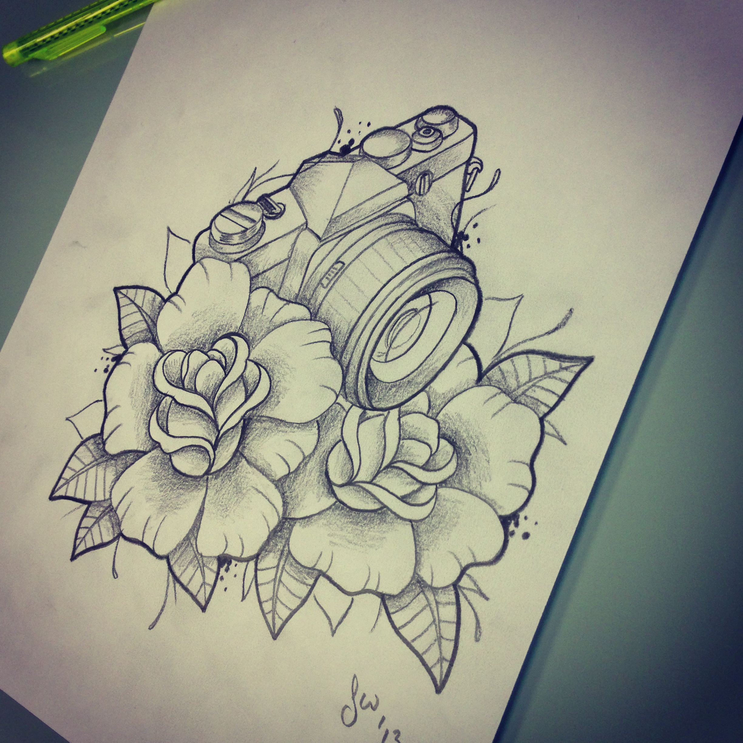 Camera With Flowers Tattoo Design