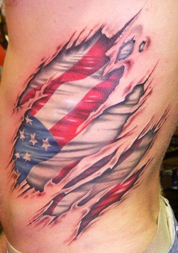 Colorful USA Flag In Torn Skin Tattoo On Man Side Rib