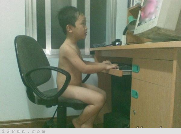Crazy Kid Without Clothes Using Computer Funny Image