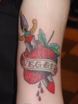 Dagger In Strawberry With Banner Tattoo Design For Arm