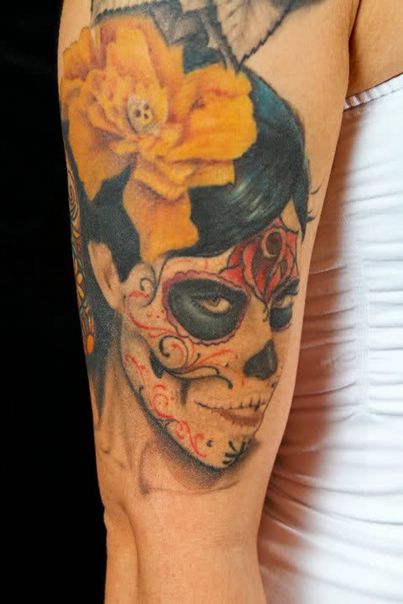 Dia De Los Muertos Girl Face With Yellow Rose Tattoo On Right Half Sleeve