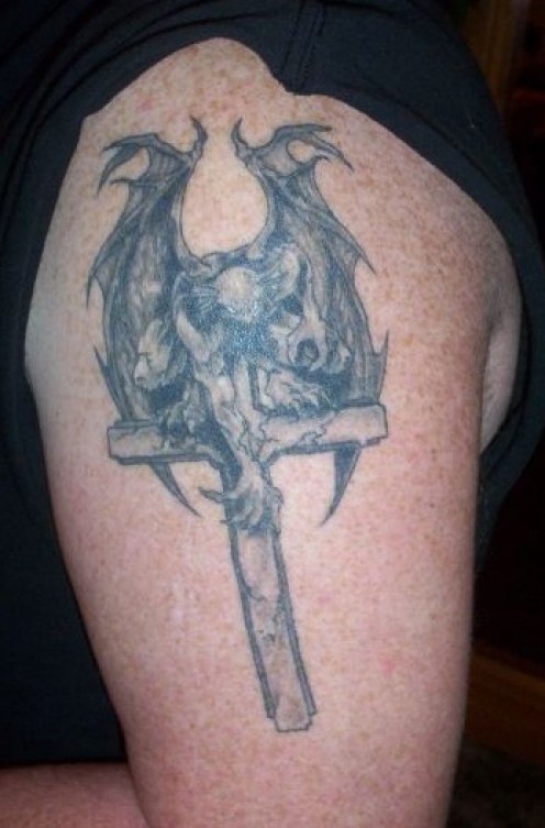 Gargoyle On Cross Tattoo On Left Half Sleeve