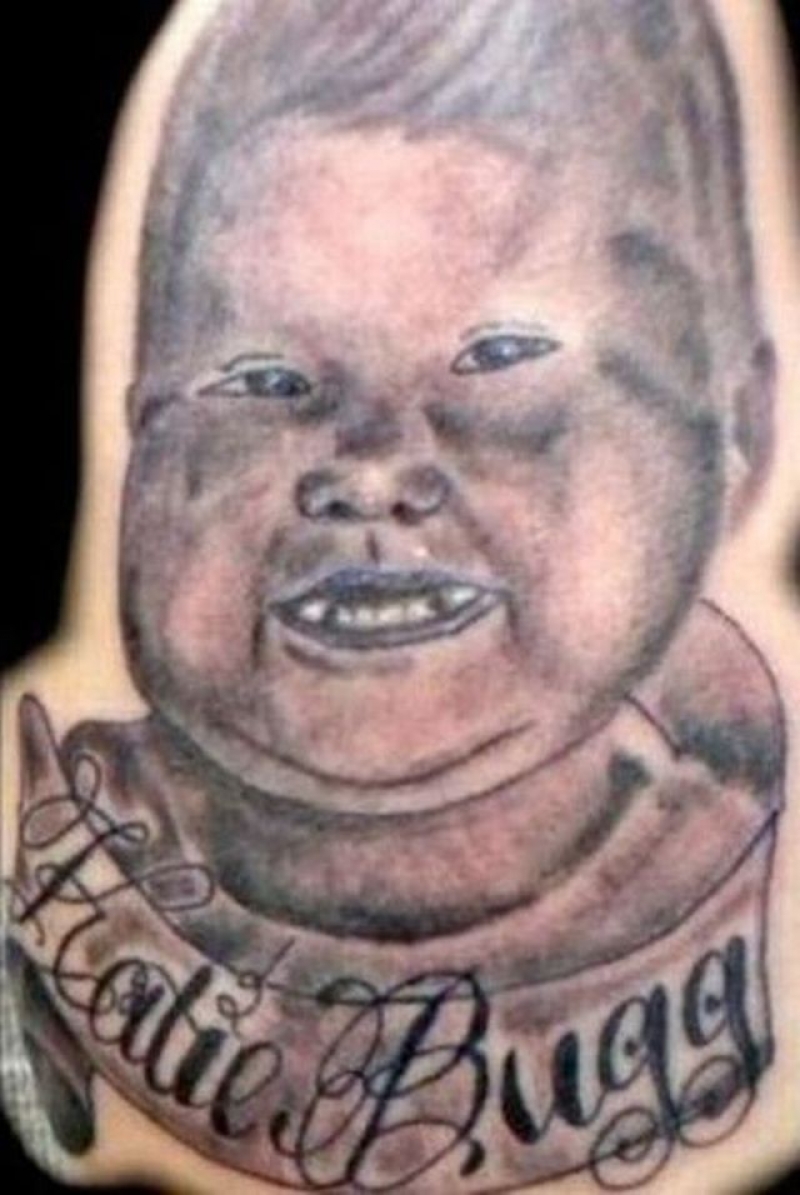 Grey Ink Baby Portrait With Banner Tattoo Design