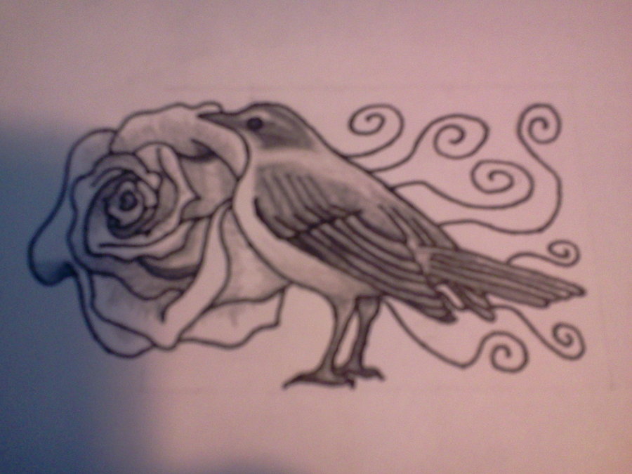 Grey Ink Rose Flower With Bird Tattoo Design By Tim Louwerse