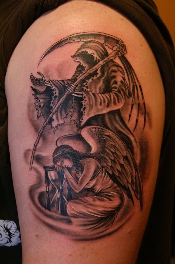 Grim Reaper And Angel With Hourglass Tattoo On Left Shoulder