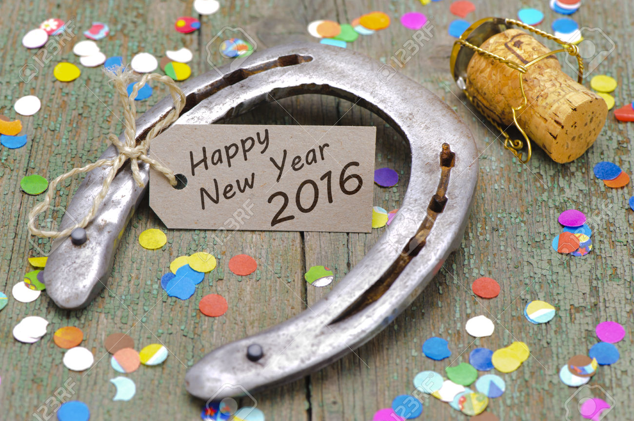 Happy New Year 2016 Wishes Tag With Horse Shoe Picture As Lucky Charm