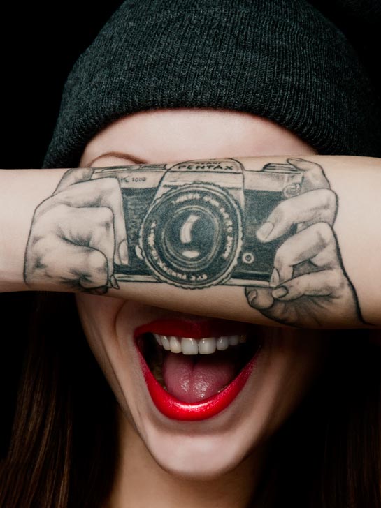 Illusion Camera Tattoo On Girl Forearm