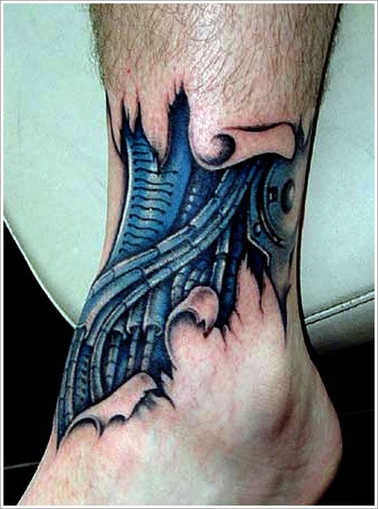 Mechanical Torn Skin Tattoo On Ankle