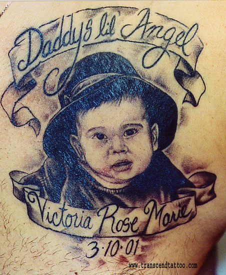Memorial Baby Portrait With Banner Tattoo Design