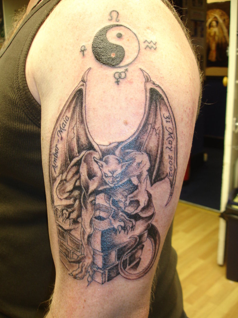 Memorial Black Ink Gargoyle Tattoo On Left Half Sleeve By Paul Butler