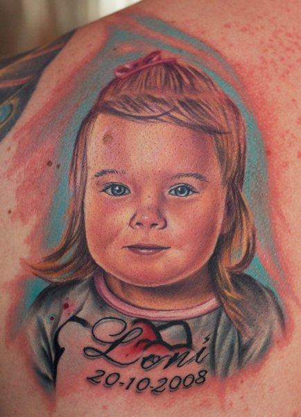 Memorial Colorful Baby Portrait Tattoo Design