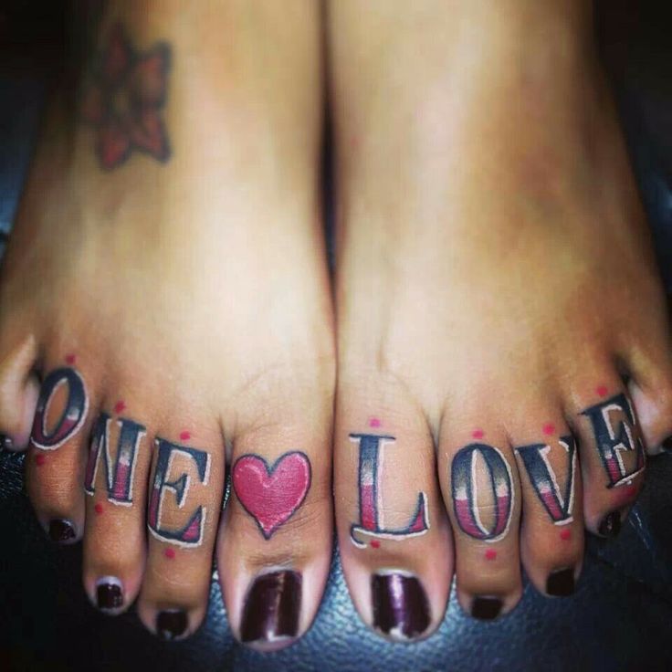 One Love Tattoo On Girl Feet Toes