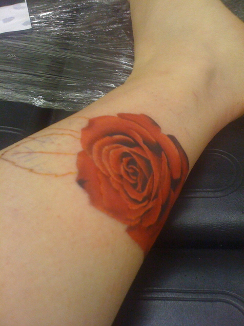 Orange Rose Tattoo On Leg
