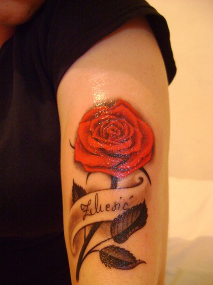 Orange Rose With Banner Tattoo On Left Half Sleeve