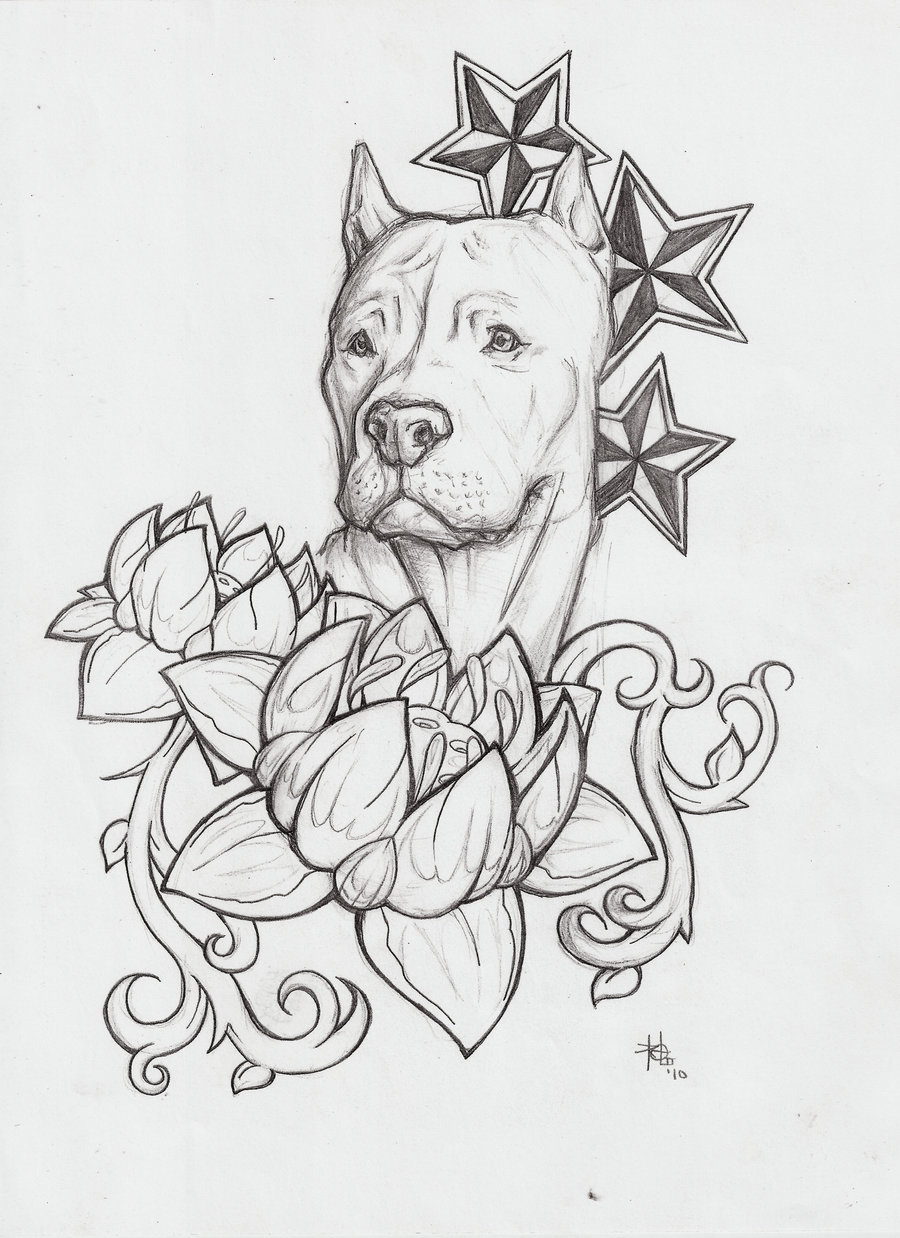 Pit Bull Dog Head With Lotus Flowers And Nautical Star Tattoo Design By Nehemya