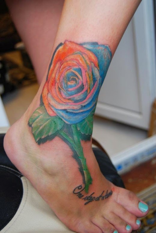 Rainbow Color Rose Tattoo On Girl Leg
