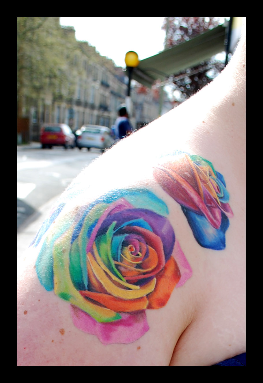 Rainbow Color Two Roses Tattoo On Shoulder
