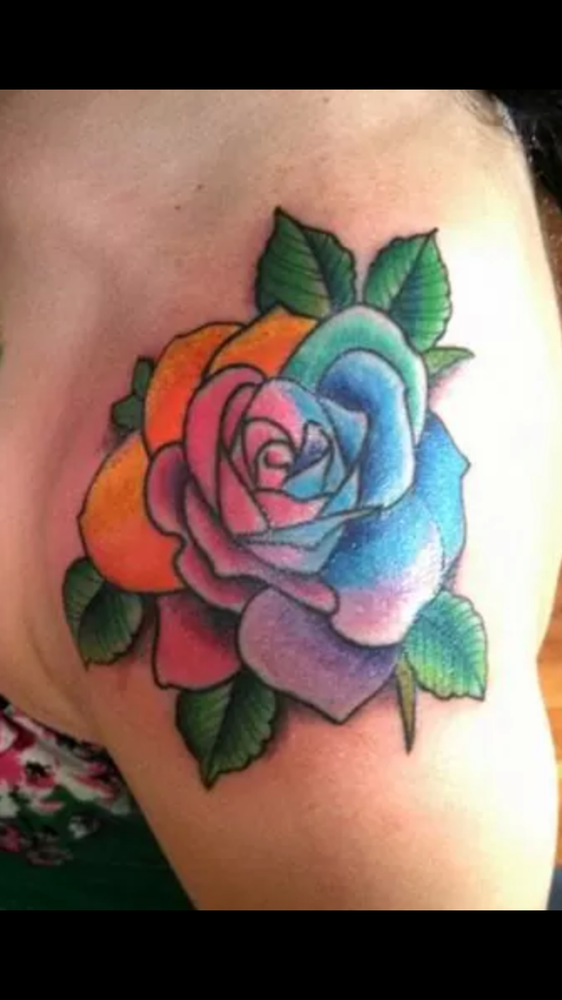 Rainbow Rose Tattoo On Girl Left Shoulder