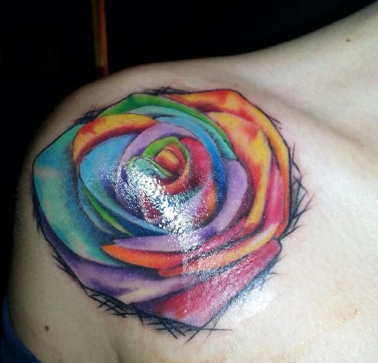 Rainbow Rose Tattoo On Right Front Shoulder