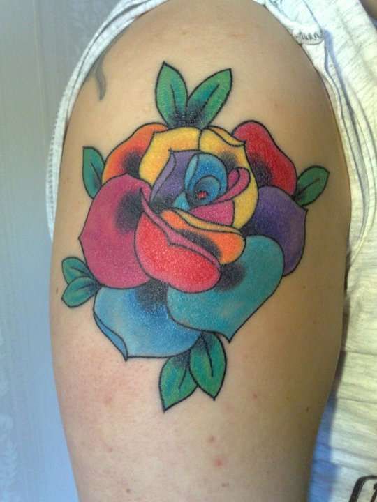 Rainbow Rose Tattoo On Right Shoulder