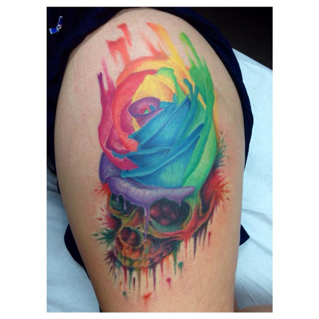 Rainbow Rose With Skull Tattoo Design
