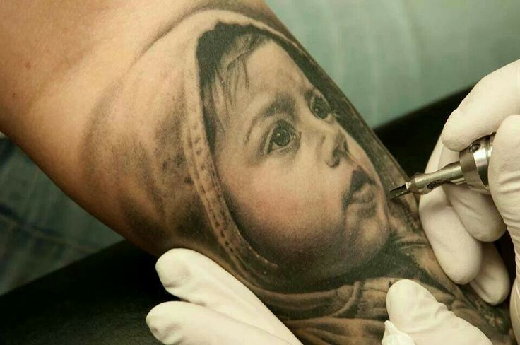 Realistic 3D Baby Portrait Tattoo Design For Forearm