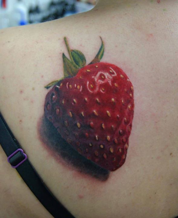 Realistic 3D Strawberry Tattoo On Girl Left Shoulder By Alex Bowron