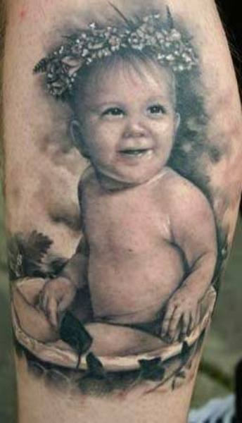 Realistic Cute Baby Portrait Tattoo Design For Forearm