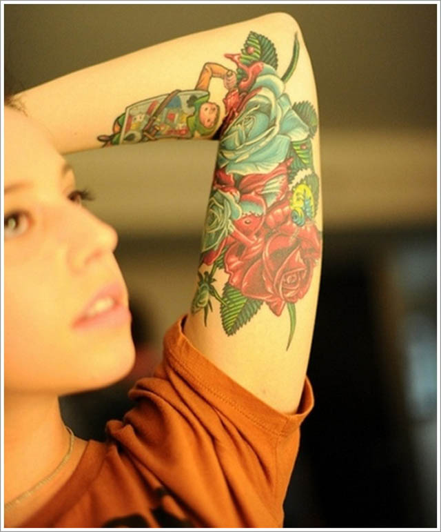 Red And Green Rose Tattoo On Girl Left Full Sleeve