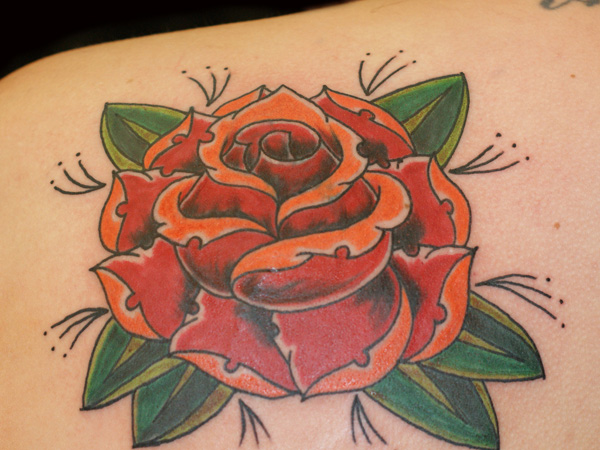 Red And Orange Rose Tattoo Design For Back Shoulder