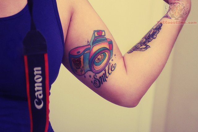 Smile - Colorful Camera Tattoo On Right Bicep