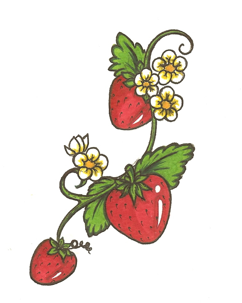 Strawberries With Flowers And Vine Tattoo Design By Dave Curbis