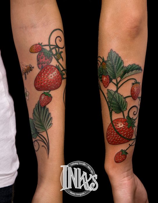 Strawberries With Leaves Tattoo On Both Forearm