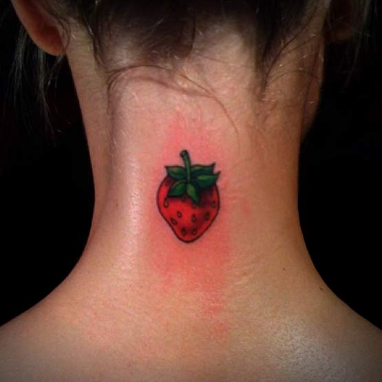 Cute Girl Strawberry Tattoo On Her Neck