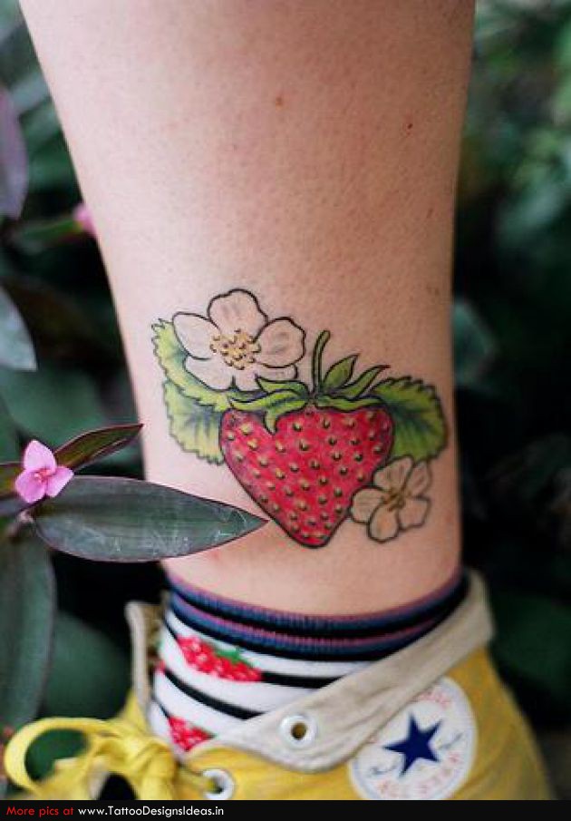 Strawberry With Flowers Tattoo On Leg