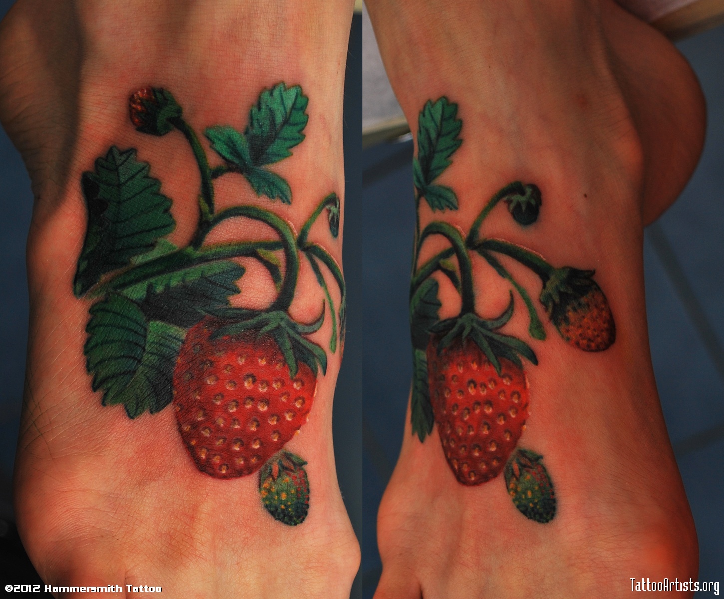 Strawberry With Leaves Tattoo On Foot