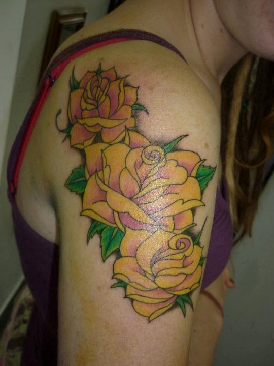 Three Yellow Roses Tattoo On Girl Right Shoulder