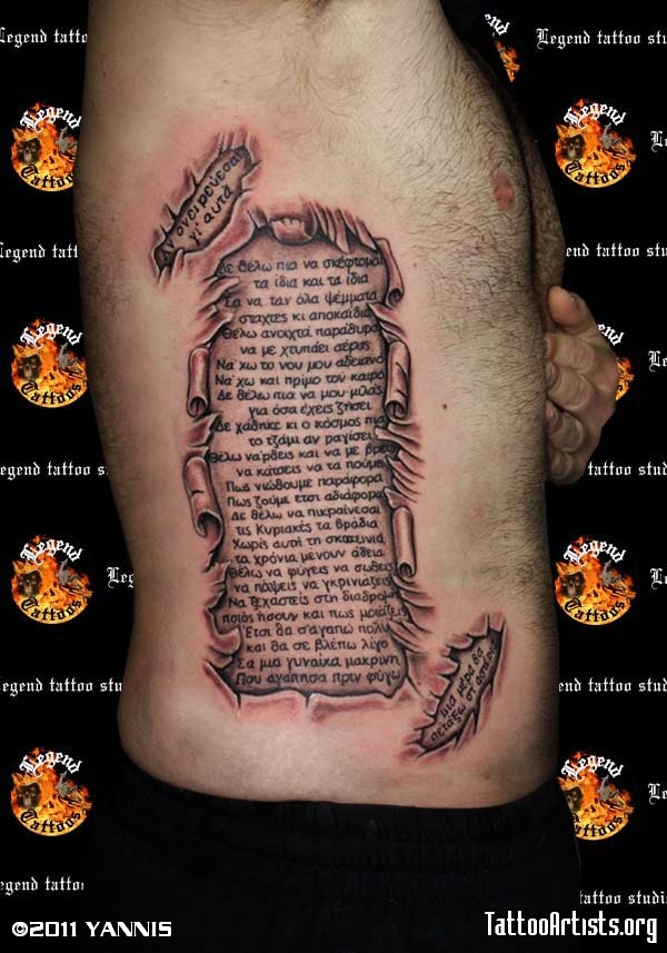 Torn Skin Lettering Tattoo On Side Rib For Men