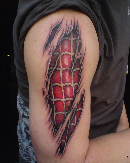 Torn Skin Spider Man Costume Tattoo On Man Right Half Sleeve