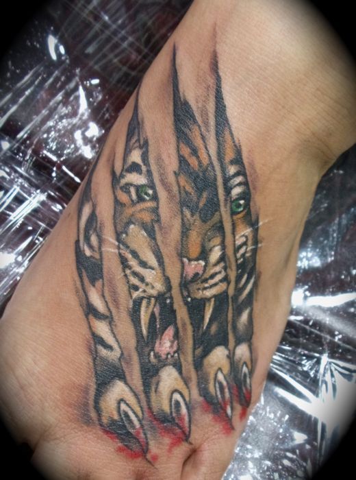 Torn Skin Tiger Head Tattoo On Foot By Berta