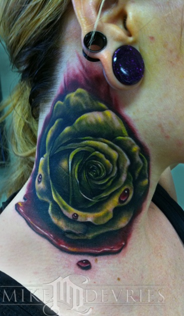 Unique 3D Green Rose Tattoo On Girl Side Neck By Amber Ganuelas